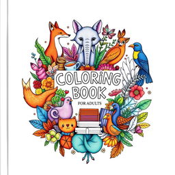 A vibrant and calming coloring book cover featuring a central artistic collage of stylized animals, such as a graceful fox, a majestic elephant, and a colorful bird