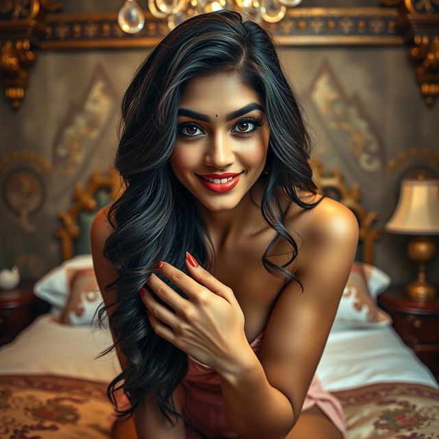 A beautiful Indian woman with long wavy hair and big expressive eyes posing seductively in a bedroom at night