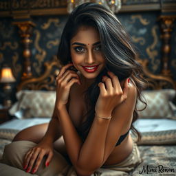 A beautiful Indian woman with long wavy hair and big expressive eyes posing seductively in a bedroom at night