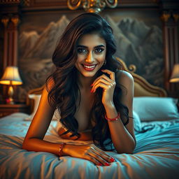 A beautiful Indian woman with long wavy hair and big expressive eyes posing seductively in a bedroom at night