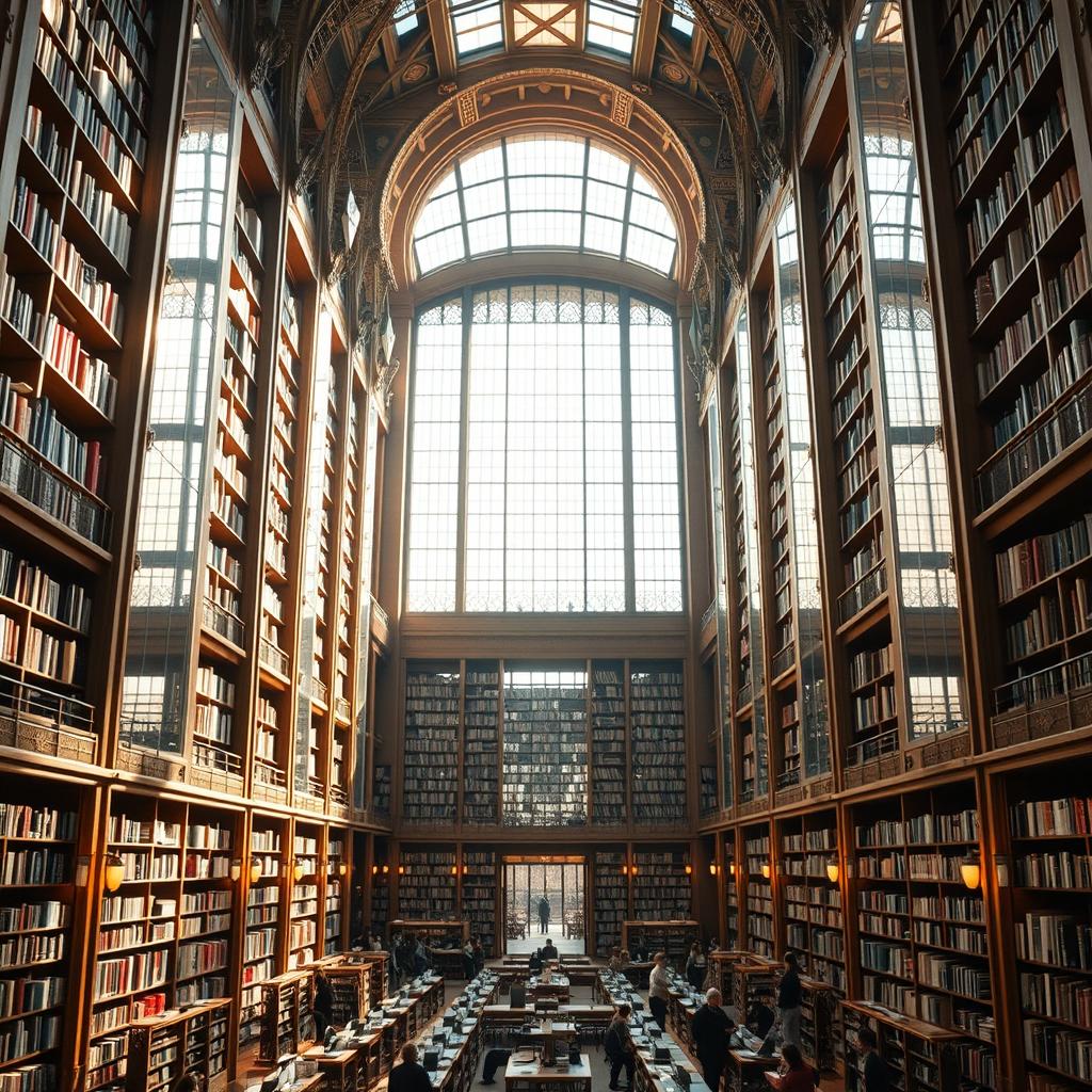 A breathtaking, grand interior of a modern metropolitan library, featuring towering bookshelves filled with a diverse collection of books, intricate architectural elements, and abundant natural light streaming through large windows