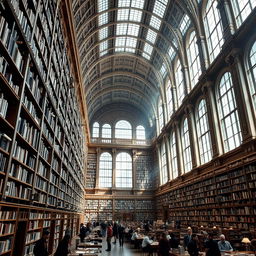 A breathtaking, grand interior of a modern metropolitan library, featuring towering bookshelves filled with a diverse collection of books, intricate architectural elements, and abundant natural light streaming through large windows