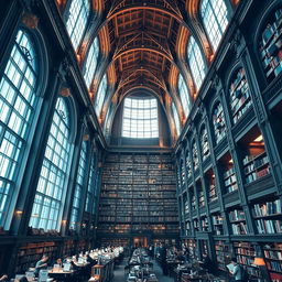 A breathtaking, grand interior of a modern metropolitan library, featuring towering bookshelves filled with a diverse collection of books, intricate architectural elements, and abundant natural light streaming through large windows