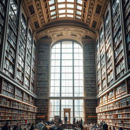 A breathtaking, grand interior of a modern metropolitan library, featuring towering bookshelves filled with a diverse collection of books, intricate architectural elements, and abundant natural light streaming through large windows