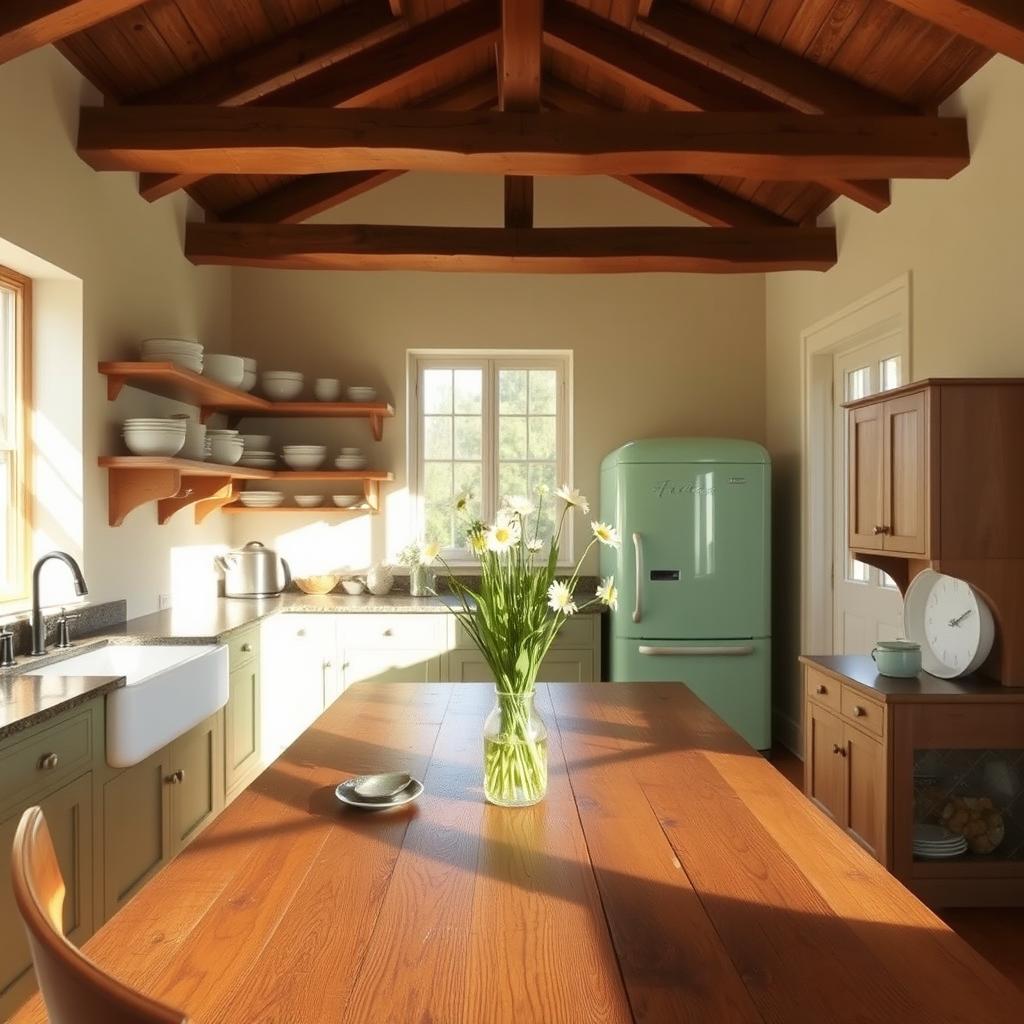 A rustic kitchen with exposed wooden beams, a farmhouse-style sink, and open shelves displaying an assortment of ceramic dishes