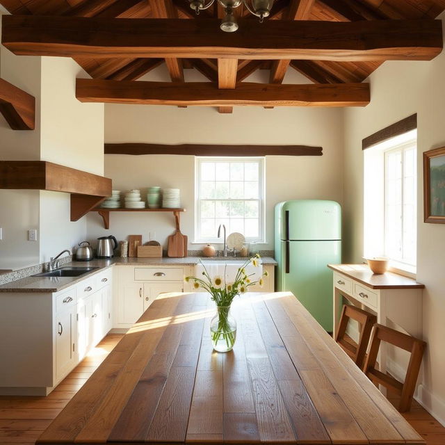 A rustic kitchen with exposed wooden beams, a farmhouse-style sink, and open shelves displaying an assortment of ceramic dishes