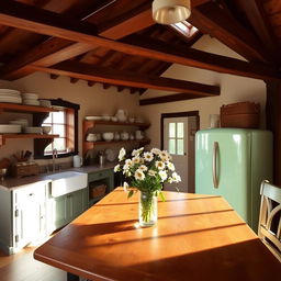 A rustic kitchen with exposed wooden beams, a farmhouse-style sink, and open shelves displaying an assortment of ceramic dishes