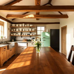 A rustic kitchen with exposed wooden beams, a farmhouse-style sink, and open shelves displaying an assortment of ceramic dishes