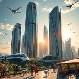 A futuristic cityscape featuring advanced technology, with tall skyscrapers intertwined with green spaces and nature