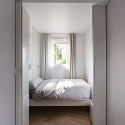 Small white bedroom featuring a clear window with natural light and an attached dressing room