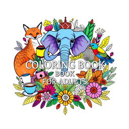 A vibrant and calming coloring book cover featuring a central artistic collage of stylized animals, such as a graceful fox, a majestic elephant, and a colorful bird