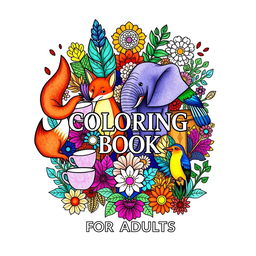 A vibrant and calming coloring book cover featuring a central artistic collage of stylized animals, such as a graceful fox, a majestic elephant, and a colorful bird