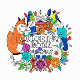 A vibrant and calming coloring book cover featuring a central artistic collage of stylized animals, such as a graceful fox, a majestic elephant, and a colorful bird