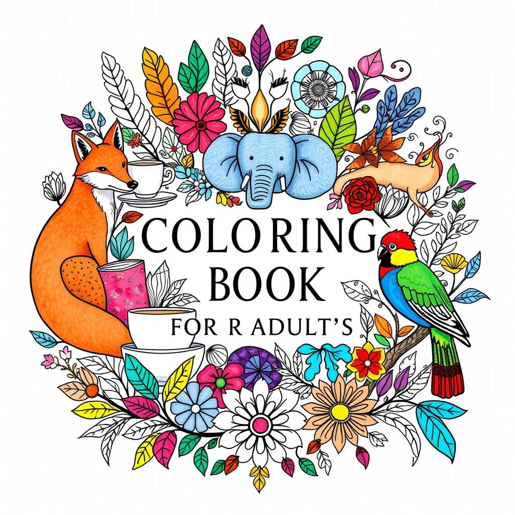 A vibrant and calming coloring book cover featuring a central artistic collage of stylized animals, such as a graceful fox, a majestic elephant, and a colorful bird