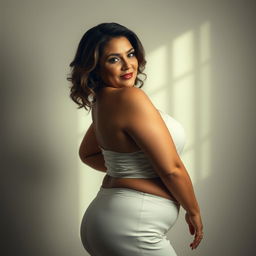 A voluptuous and alluring mature woman posed with confidence and grace