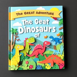 A vibrant and engaging book cover for a children's book titled "The Great Adventure of Dinosaurs