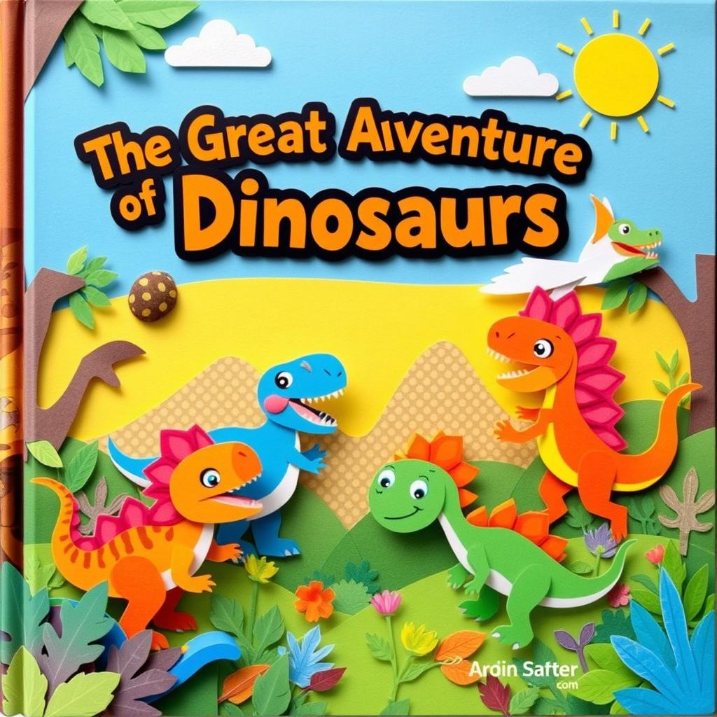 A vibrant and engaging book cover for a children's book titled "The Great Adventure of Dinosaurs