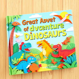 A vibrant and engaging book cover for a children's book titled "The Great Adventure of Dinosaurs