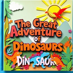 A vibrant and engaging book cover for a children's book titled "The Great Adventure of Dinosaurs