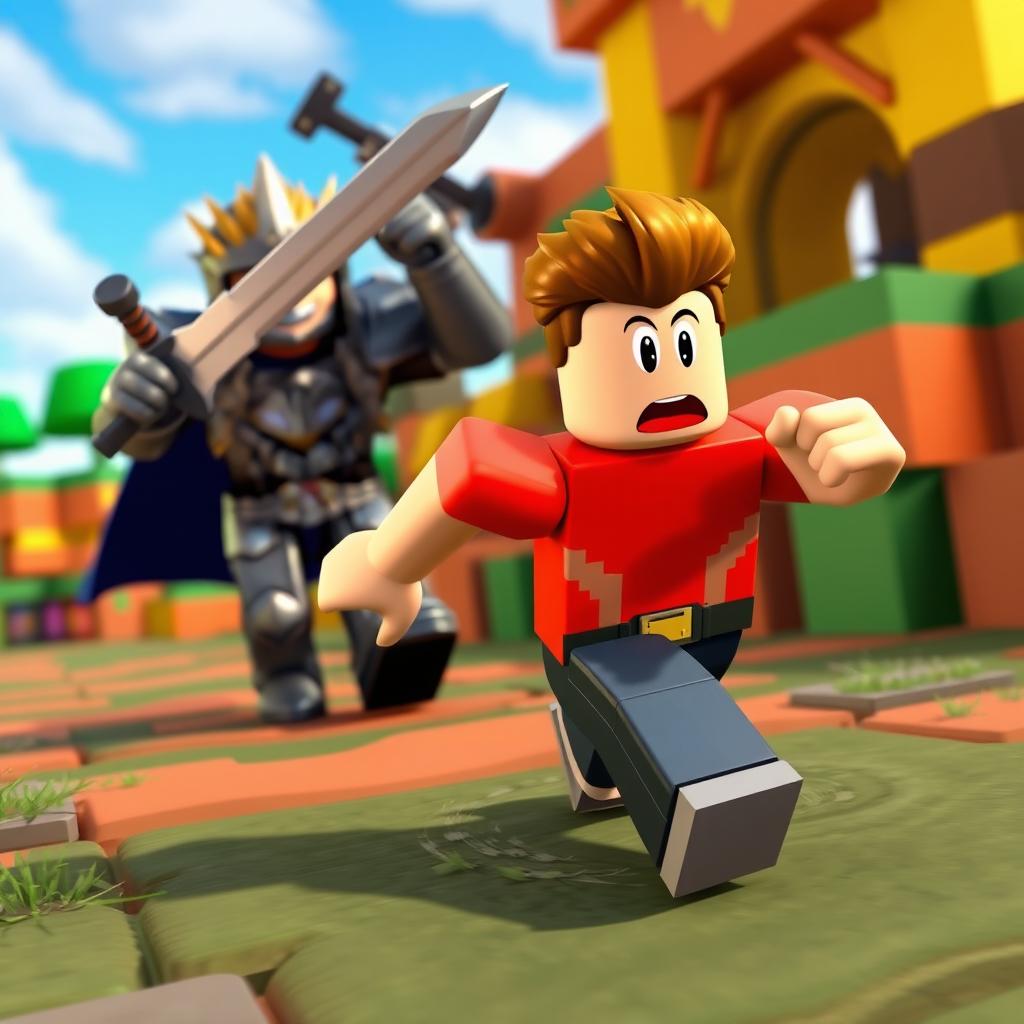 A Noob character from Roblox running away from a player wielding a sword