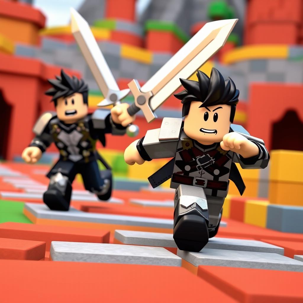 A Noob character from Roblox running away from a player wielding a sword