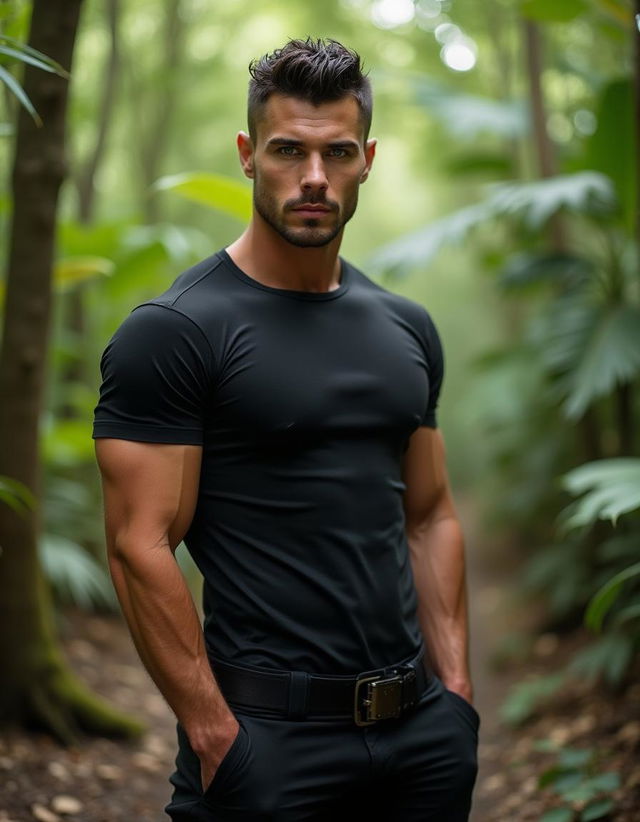 Photograph of a model-handsome 34-year-old Caucasian man, resembling a Delta Force operative