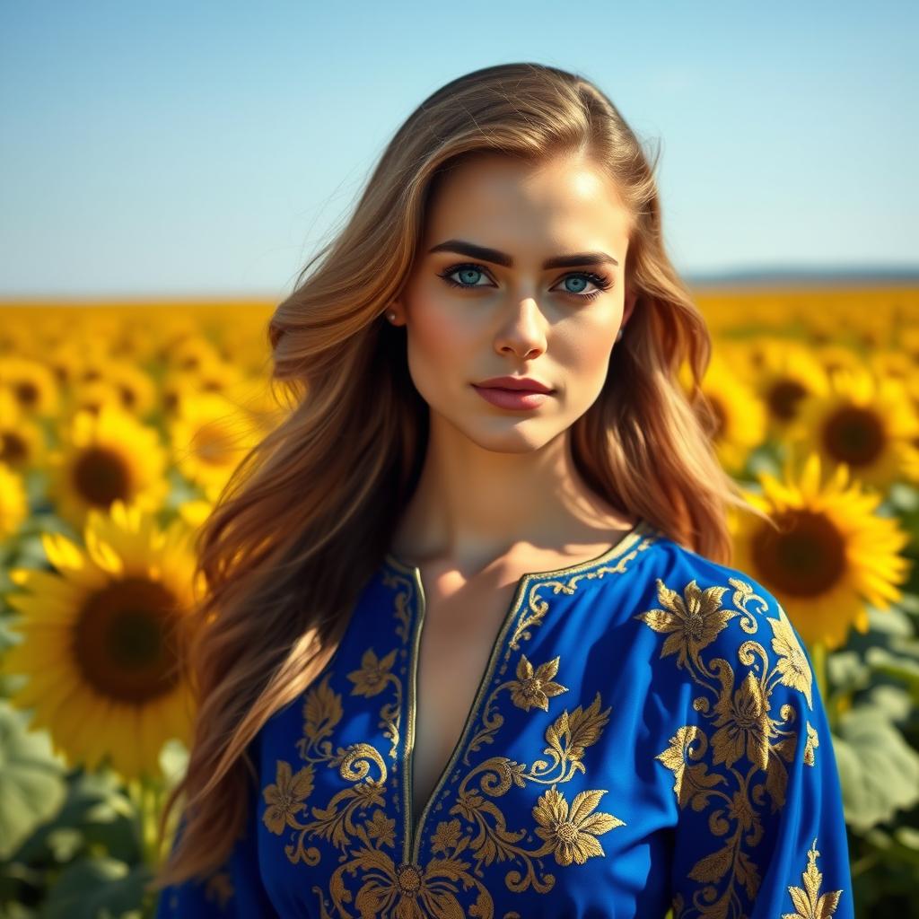 Portrait of an elegant woman with striking blue eyes, wearing a royal blue dress adorned with intricate golden embroidery, standing in a vast sunflower field beneath a clear azure sky