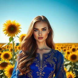 Portrait of an elegant woman with striking blue eyes, wearing a royal blue dress adorned with intricate golden embroidery, standing in a vast sunflower field beneath a clear azure sky