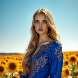 Portrait of an elegant woman with striking blue eyes, wearing a royal blue dress adorned with intricate golden embroidery, standing in a vast sunflower field beneath a clear azure sky