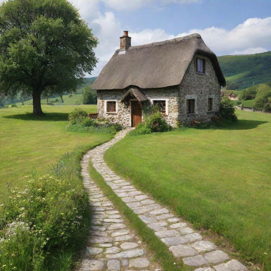 A quaint, little house nestled amidst a bright green meadow, with a cobblestone path leading up to it