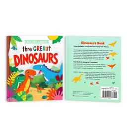 A delightful book cover and back cover design for a children's book titled "The Great Adventure of Dinosaurs