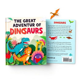 A delightful book cover and back cover design for a children's book titled "The Great Adventure of Dinosaurs