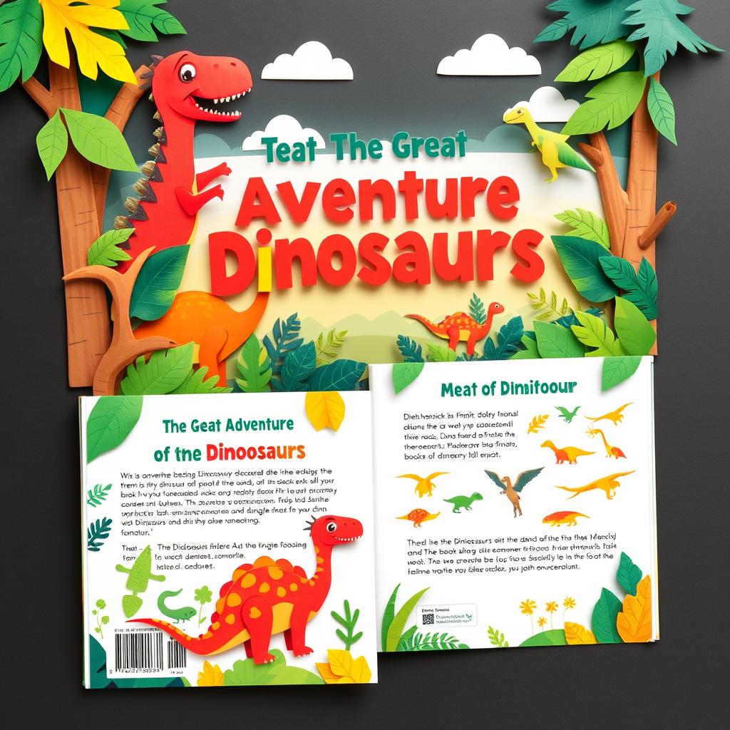 A delightful book cover and back cover design for a children's book titled "The Great Adventure of Dinosaurs