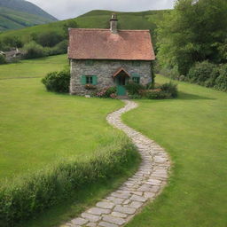 A quaint, little house nestled amidst a bright green meadow, with a cobblestone path leading up to it