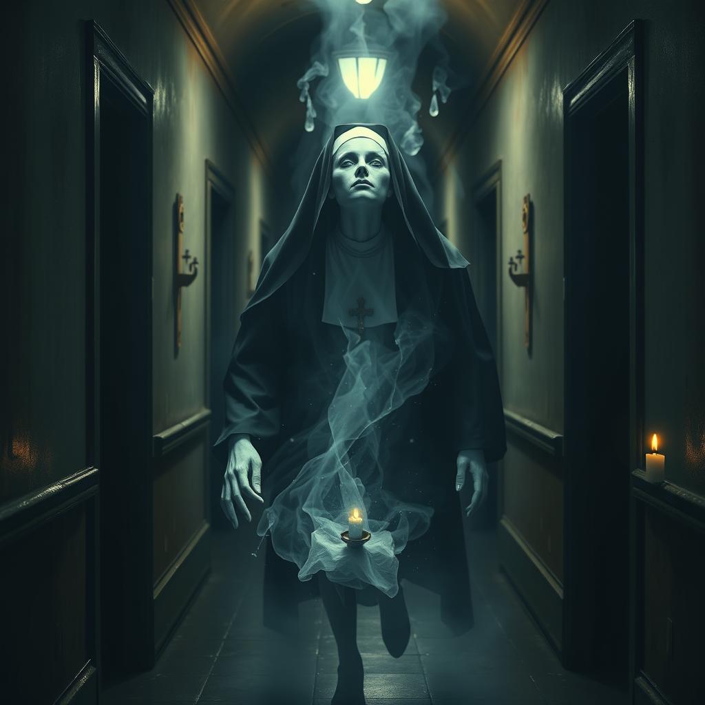 A haunting yet intriguing book cover depicting the ethereal spirit of a nun with a ghostly, frozen appearance, floating through the dimly lit halls of a Christian school