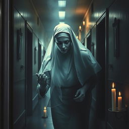 A haunting yet intriguing book cover depicting the ethereal spirit of a nun with a ghostly, frozen appearance, floating through the dimly lit halls of a Christian school