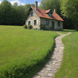 A quaint, little house nestled amidst a bright green meadow, with a cobblestone path leading up to it