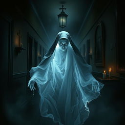 A haunting yet intriguing book cover depicting the ethereal spirit of a nun with a ghostly, frozen appearance, floating through the dimly lit halls of a Christian school