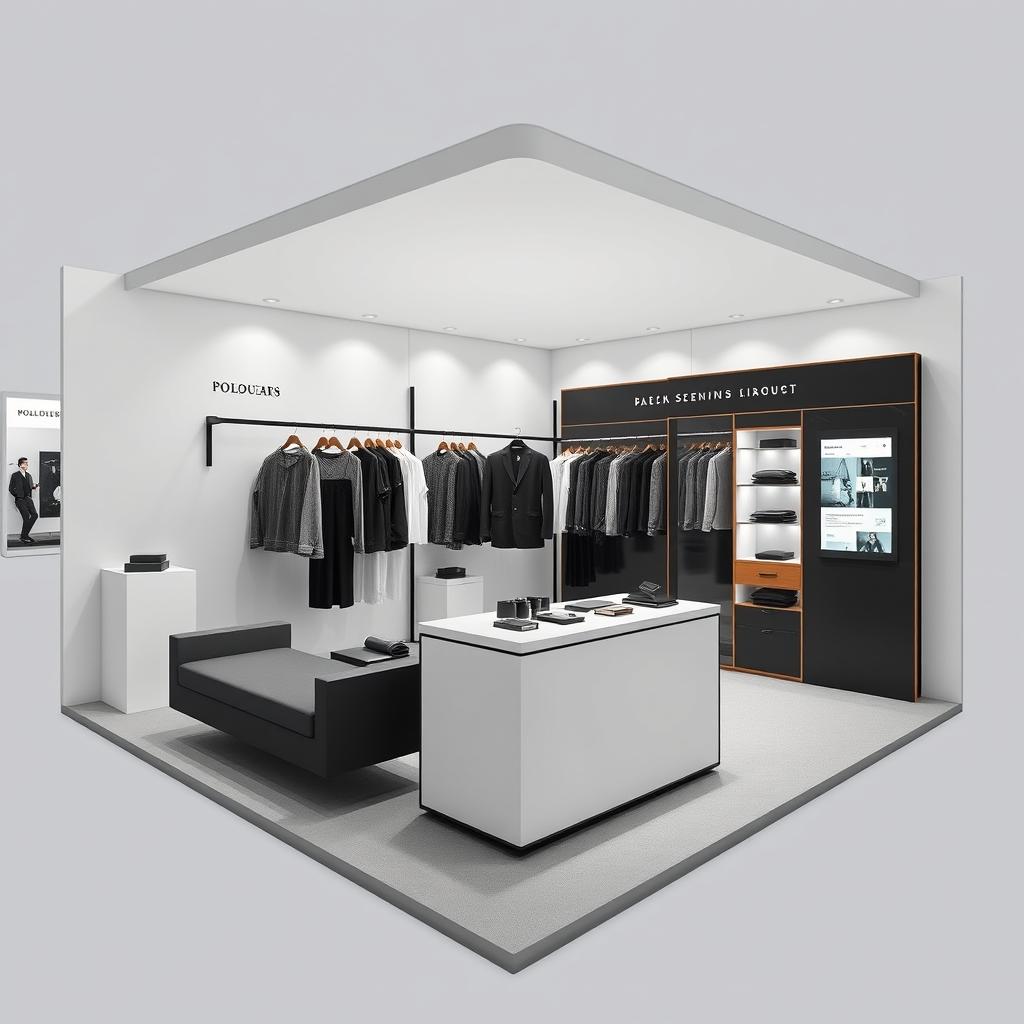 360° view of a 3m x 3m fashion booth at a fair, designed for a minimalist and contemporary men's clothing brand