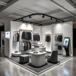 360° view of a 3m x 3m fashion booth at a fair, designed for a minimalist and contemporary men's clothing brand