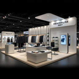 360° view of a 3m x 3m fashion booth at a fair, designed for a minimalist and contemporary men's clothing brand