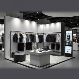 360° view of a 3m x 3m fashion booth at a fair, designed for a minimalist and contemporary men's clothing brand