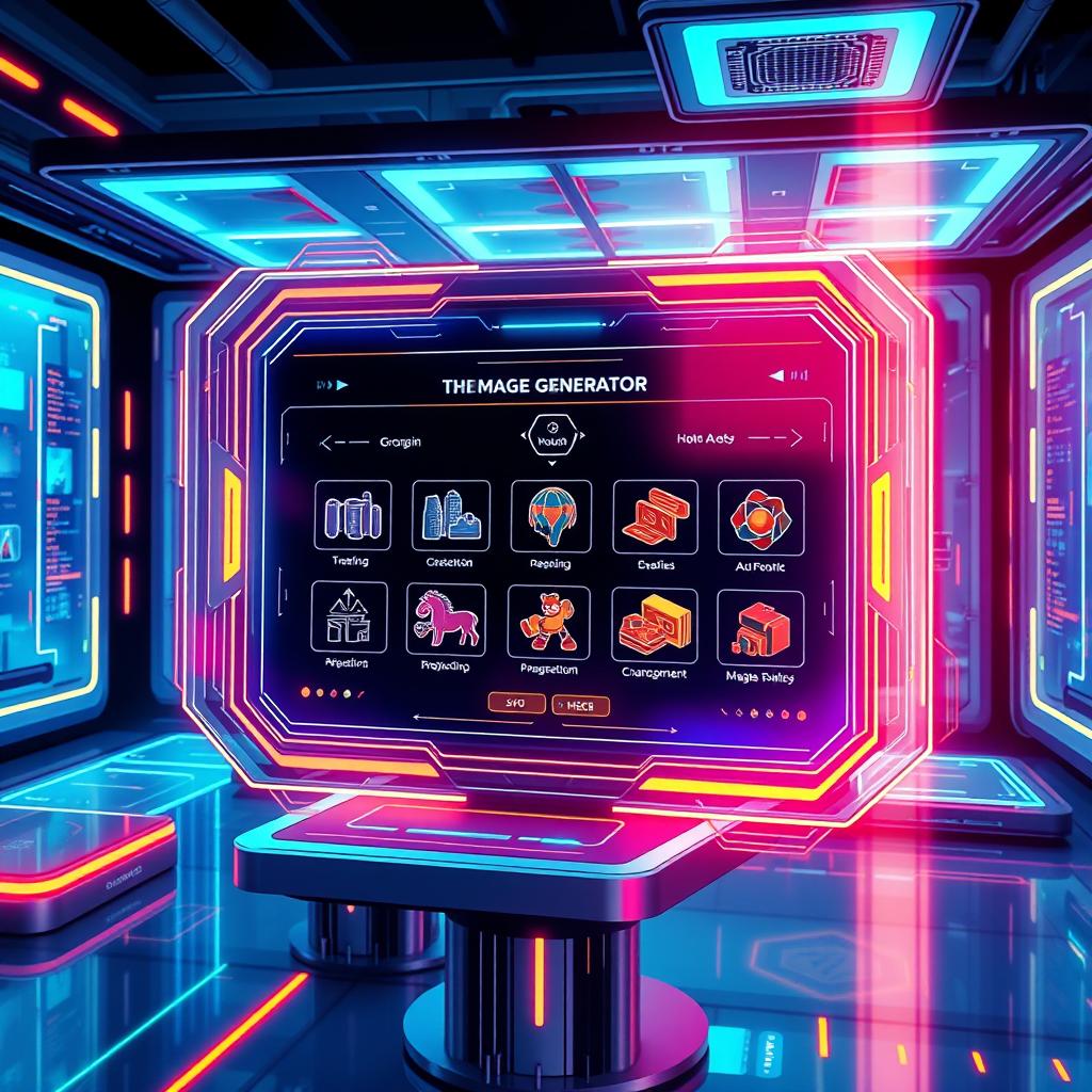 an illustration of an AI image generator interface, showcasing a futuristic design with sleek, holographic elements and a digital screen displaying various image generation options