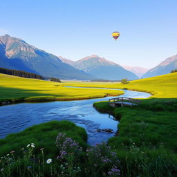 A serene landscape with a tranquil river flowing through lush green meadows, surrounded by majestic mountains under a clear blue sky