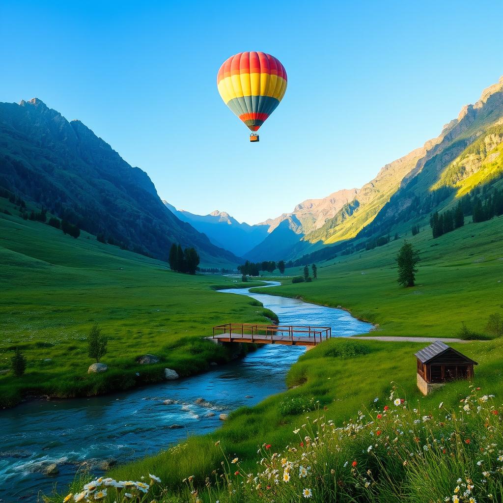 A serene landscape with a tranquil river flowing through lush green meadows, surrounded by majestic mountains under a clear blue sky