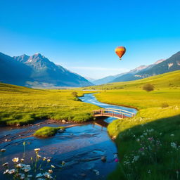 A serene landscape with a tranquil river flowing through lush green meadows, surrounded by majestic mountains under a clear blue sky