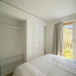 Small white bedroom featuring a clear window with natural light and an attached dressing room