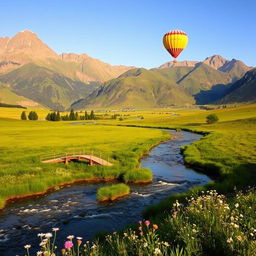 A serene landscape with a tranquil river flowing through lush green meadows, surrounded by majestic mountains under a clear blue sky