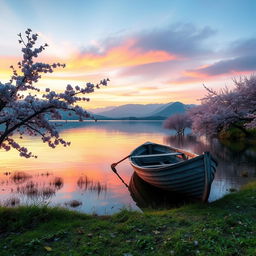 a picturesque landscape featuring a serene lakeside scene at sunset, an old wooden rowboat idly drifting on the lake, surrounded by blooming cherry blossom trees with their reflections dancing on the water, mountains in the background gently silhouetted by the hues of pink, orange, and purple in the sky, a sense of peace and calm enveloping the area, capturing the essence of a tranquil evening in nature