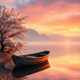 a picturesque landscape featuring a serene lakeside scene at sunset, an old wooden rowboat idly drifting on the lake, surrounded by blooming cherry blossom trees with their reflections dancing on the water, mountains in the background gently silhouetted by the hues of pink, orange, and purple in the sky, a sense of peace and calm enveloping the area, capturing the essence of a tranquil evening in nature